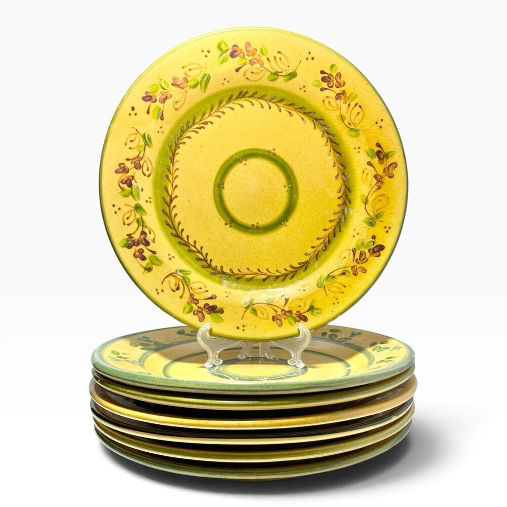 Terre e Provence Set of 7 Ceramic Yellow & Green Dinner Plates 11 1/2” France